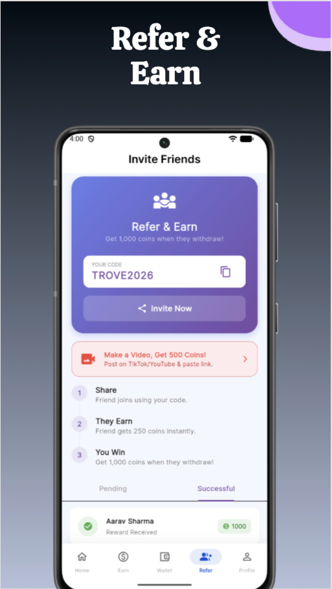 Trove Nepal Refer and Earn screen with invite code, video bonus and referral steps