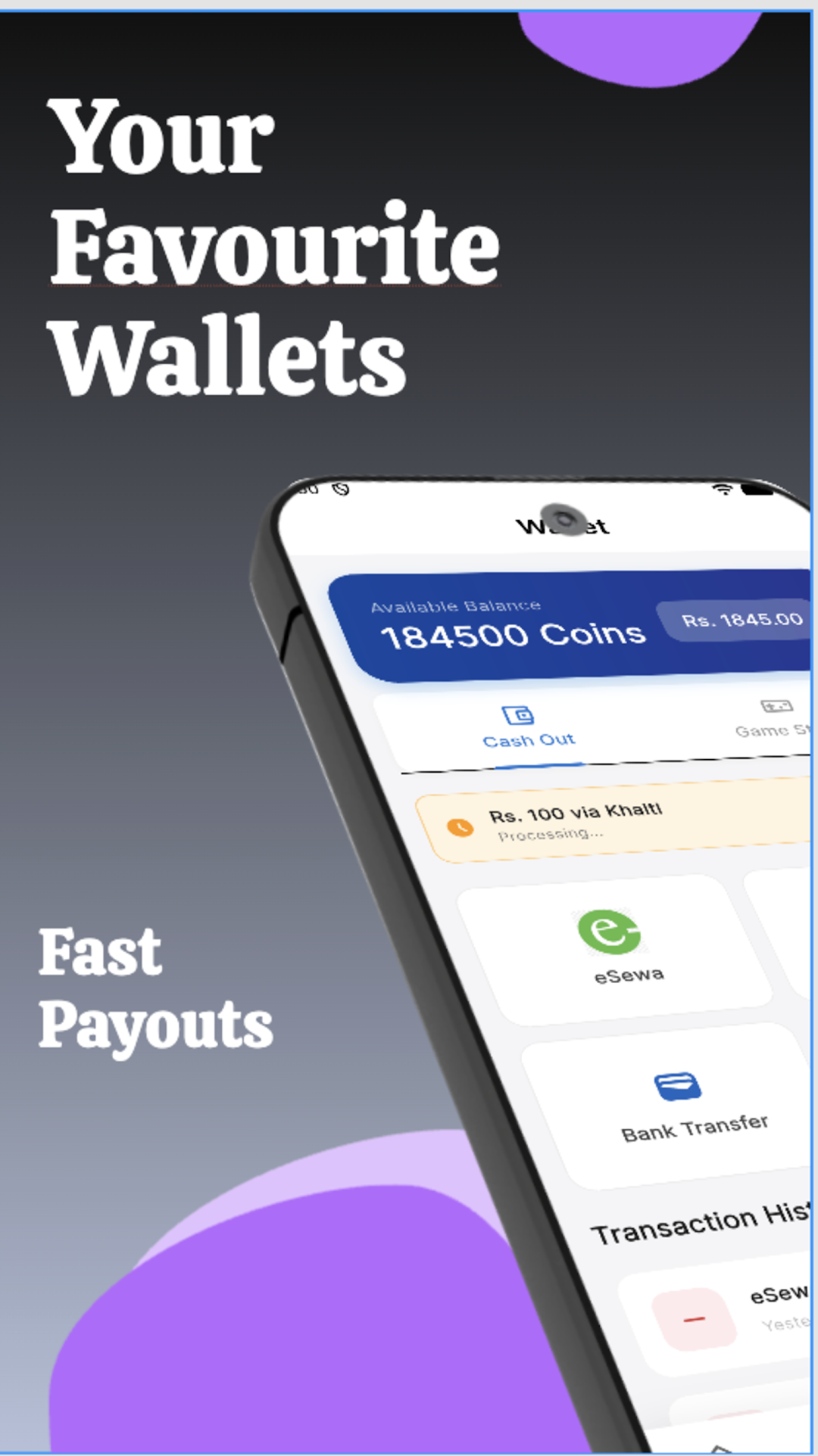 Trove Nepal wallet showing 184,500 coins balance with eSewa, Khalti and bank transfer options