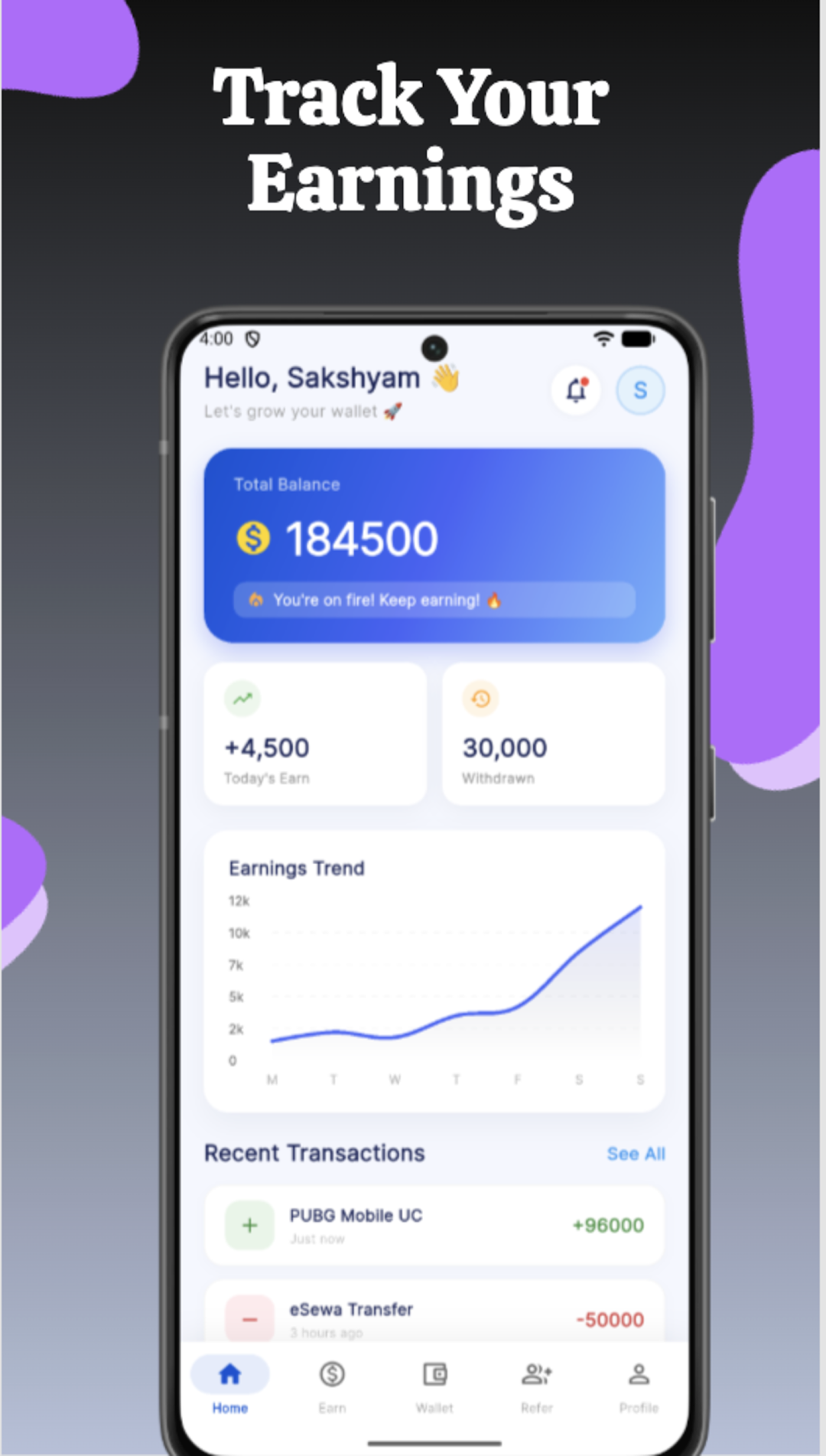 Trove Nepal home screen with balance, earnings trend and recent transactions